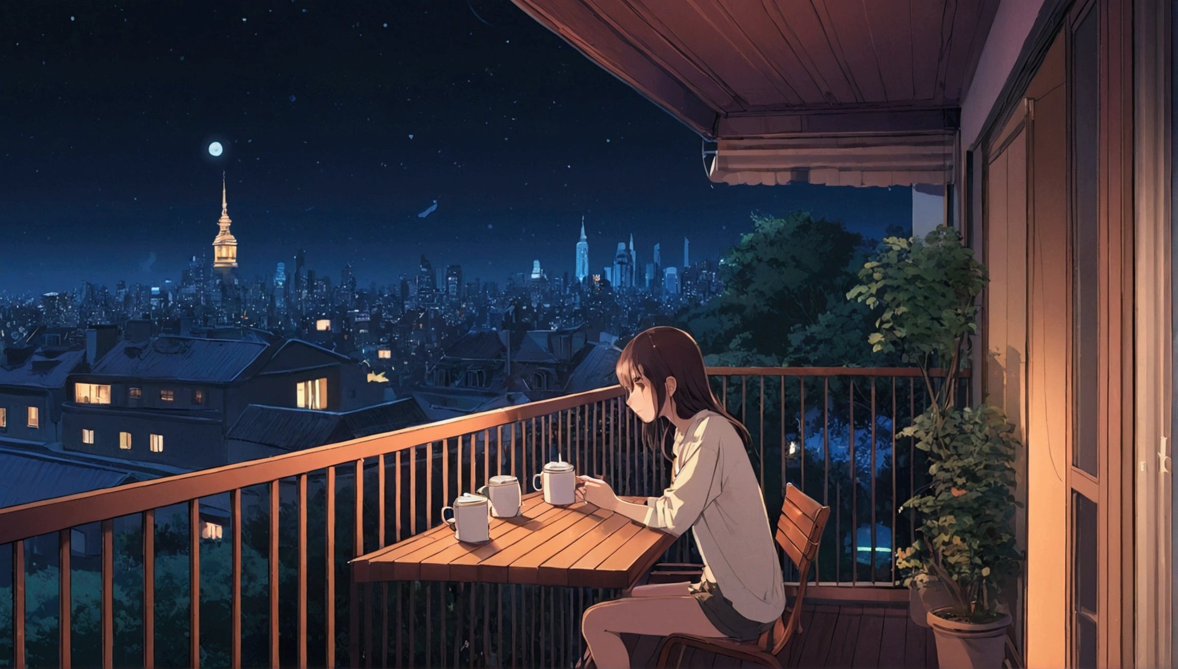 Girl drinking coffee on a cozy balcony at night、Usand von de Uvid、Anime Estilo 2D、Lo-Fi、Disco Rigid、Ambiente Escrow
