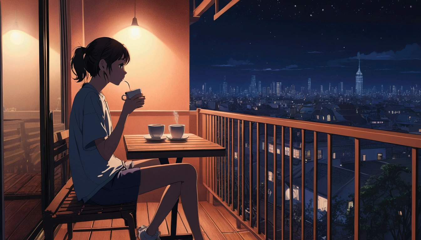 Girl drinking coffee on a cozy balcony at night、Usand von de Uvid、Anime Estilo 2D、Lo-Fi、Disco Rigid、Ambiente Escrow