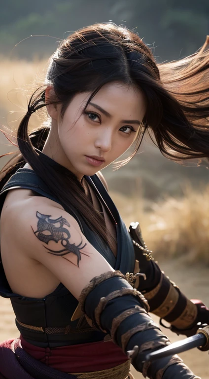 (Japanese sword &reference;Muramasa 2&reference;.0)Beautiful 27 year old woman、Japanese women、Tie your hair back、Hair ornament artist、Warrior、Clear Eyes、Arm tattoo、Warrior、(Japanese swordを両手で構える、)(Japanese sword)Intermediate position、whole body、A Sword、Realistic battle scenes、敵Warriorの返りBlood、Blood、High resolution、Highest quality、Very detailed、8k、background、