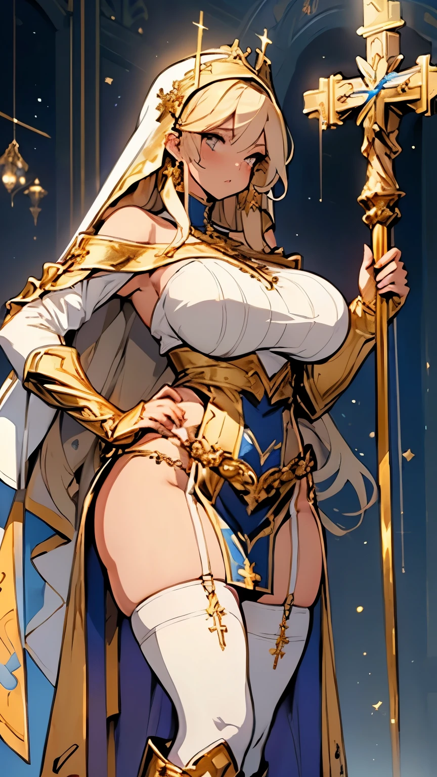 Blonde、Nuns、(Great gold gauntlet、Gold Long Boots)、(Very short blue bodycon dress、Off the shoulder、White knee-high socks、Gold cross decoration、Gold Garter Belt、Gold string panties )、(Huge breasts、Sideboob、Wide Hips、Thick thighs、Plump、curve、glamorous)、NSFW、Holding a giant gold cross mace、Wear a white veil
