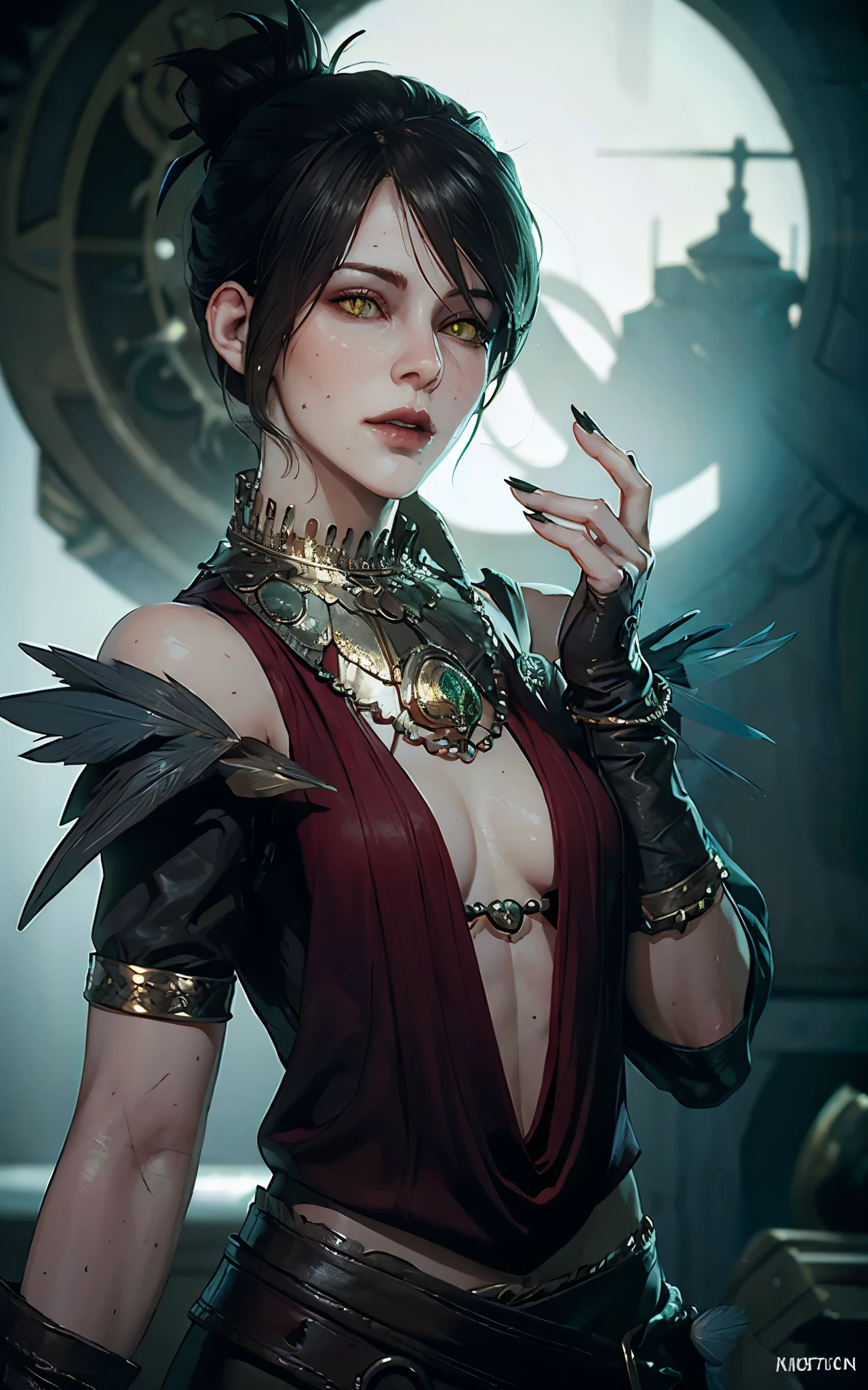 (masterpiece, best quality) realistic version of
MorriganDA, face of (Kate Beckinsale:Evangeline Lilly) 1girl, solo,, looking at viewer, short hair, black hair, gloves, jewelry, yellow eyes, small , fingerless gloves, necklace, hair bun, nail polish, bracelet, lips, fingernails, makeup, glowing, single hair bun, feathers, lipstick, staff, pale skin, black nails, armlet, long fingernails, realistic, nose, magic