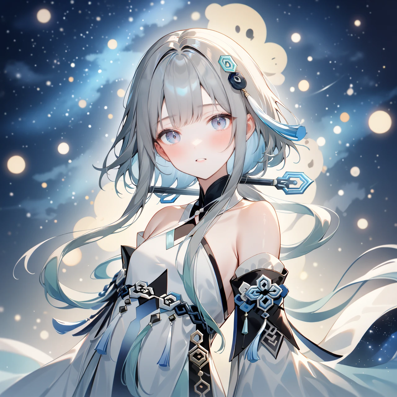 score_9, score_8_up, score_7_up, score_6_up,1girl, guizhong_\(genshin_impact\),(grey hair),short_hair_with_long_locks in front and low ponytail in back,gradient_hair,(pale grey eyes with seafoam gradient),starry_sky_print,detached_sleeves white outside blue starry inside, hands completely hidden by long sleeves,stunning field of softly glowing cerulean and white glaze lilies,night scene,gentle smile,face focus, eye focus,ladyshadow,moonlight,glossy lips,vivid anime coloring,cel shading,smooth, soft dreamy focus,anklet,halter_top,white clothes,highly detailed,digital painting,bare_shoulders,barefoot,cool night tones, magical night scene,bokeh, professional,anemo colored fireflies,nebula of stardust and silvery vapor,harmonious blend of nature and art,transcendent beauty,awe-inspiring artwork,(best quality,4k,8k,highres,masterpiece:1.2),yunamaro,carnelian,dsmile,cosmic stardust,guizhong, guizhong's def clothes, 1girl, long hair, blue eyes, barefoot, guizhong's dress, hair ornament, chinese clothes, sleeves past fingers,