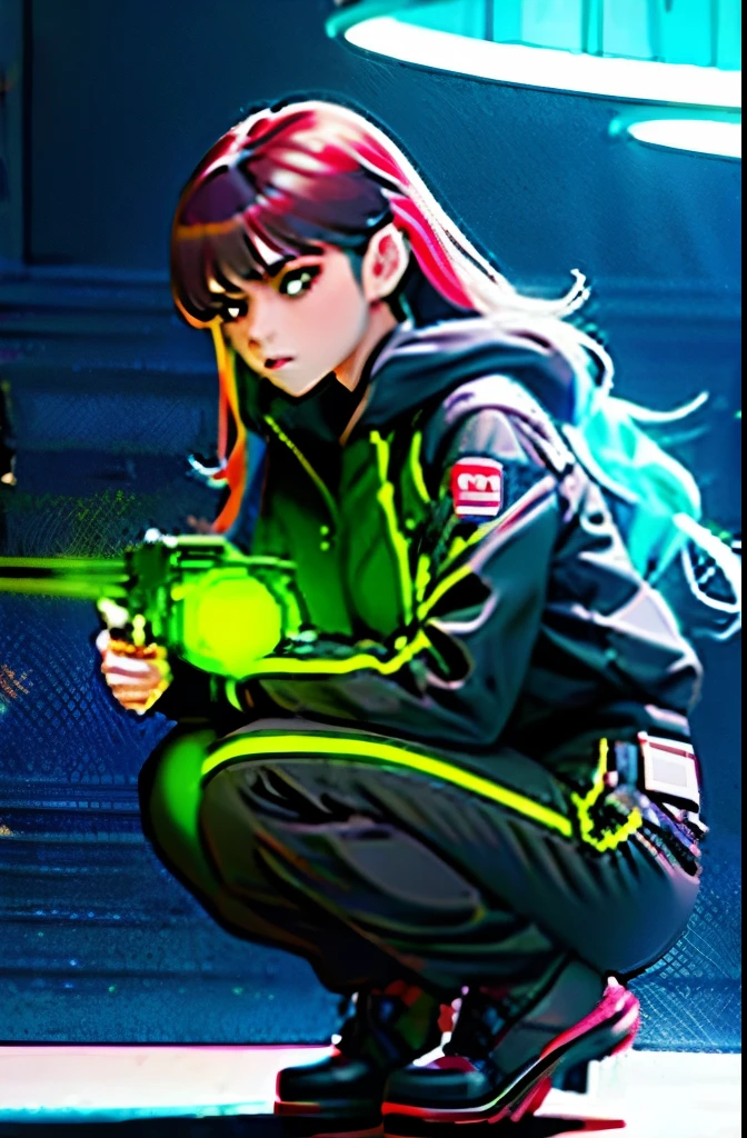 (grainy:0.5), cinematic,girl, space, serious, detailed eyes, detailed face, detailed futuristic clothes, lights in clothes, (aiming gun:1.1), (hiding:1.1), (squatting, looking to side:1.1), volumetric lighting, isolation, horror, dark lighting, red bioluminescent details, green bioluminescent details, blue bioluminescent details