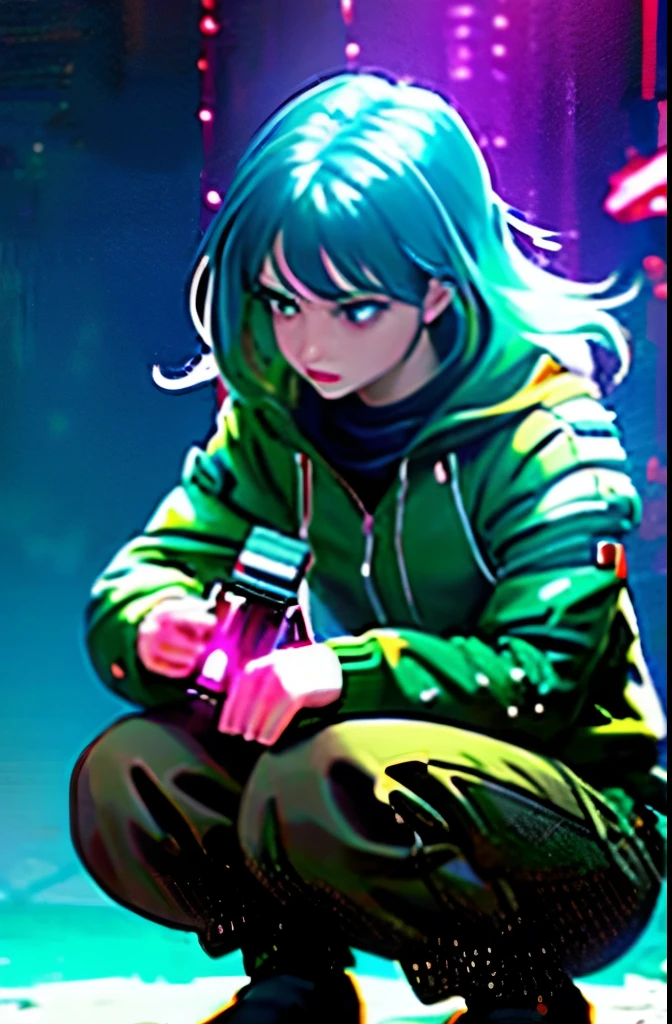 (grainy:0.5), cinematic,girl, space, serious, detailed eyes, detailed face, detailed futuristic clothes, lights in clothes, (aiming gun:1.1), (hiding:1.1), (squatting, looking to side:1.1), volumetric lighting, isolation, horror, dark lighting, red bioluminescent details, green bioluminescent details, blue bioluminescent details
