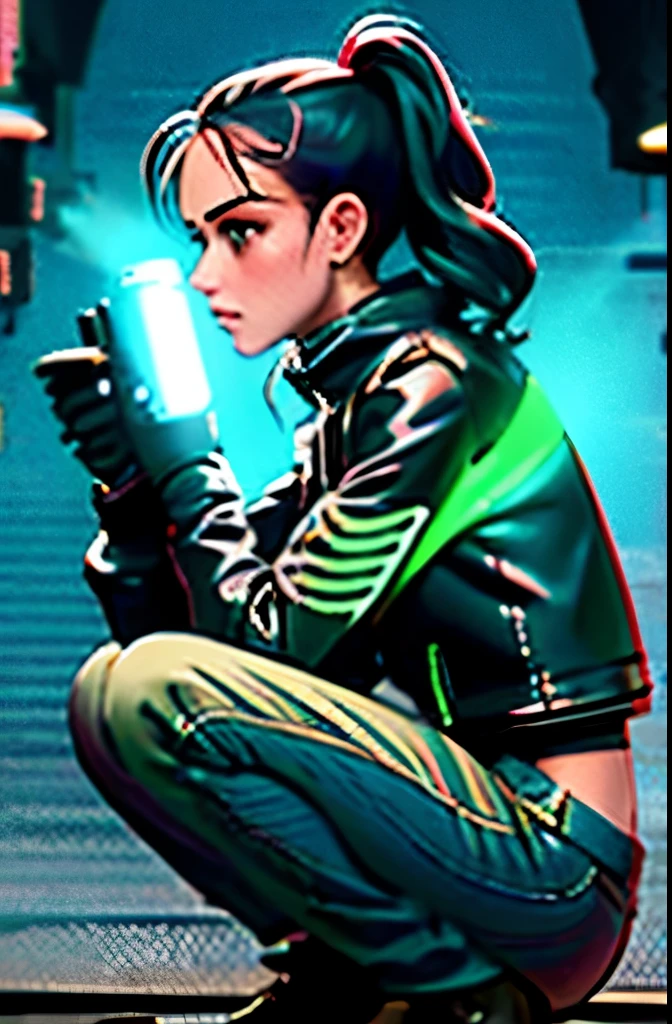 (grainy:0.5), cinematic,girl, space, serious, detailed eyes, detailed face, detailed futuristic clothes, lights in clothes, (aiming gun:1.1), (hiding:1.1), (squatting, looking to side:1.1), volumetric lighting, isolation, horror, dark lighting, red bioluminescent details, green bioluminescent details, blue bioluminescent details