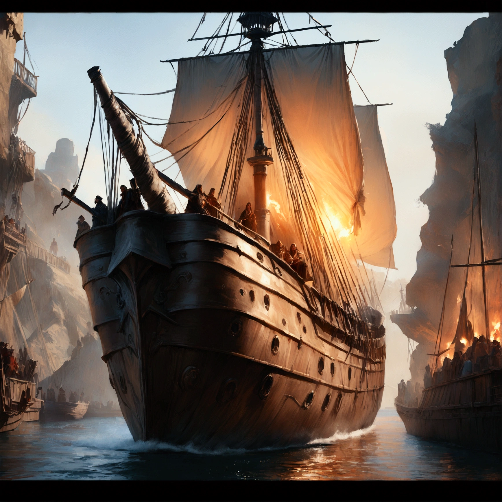 (best quality,4k,8k,highres,masterpiece:1.2), Pirates ship, wide shot, 1boy, Francis Drake ordered the assault, fire, ultra-detailed,vivid colors,(realistic,hyper realistic,best quality,8k,highres,masterpiece:1.2), hands, cinematic lighting, 