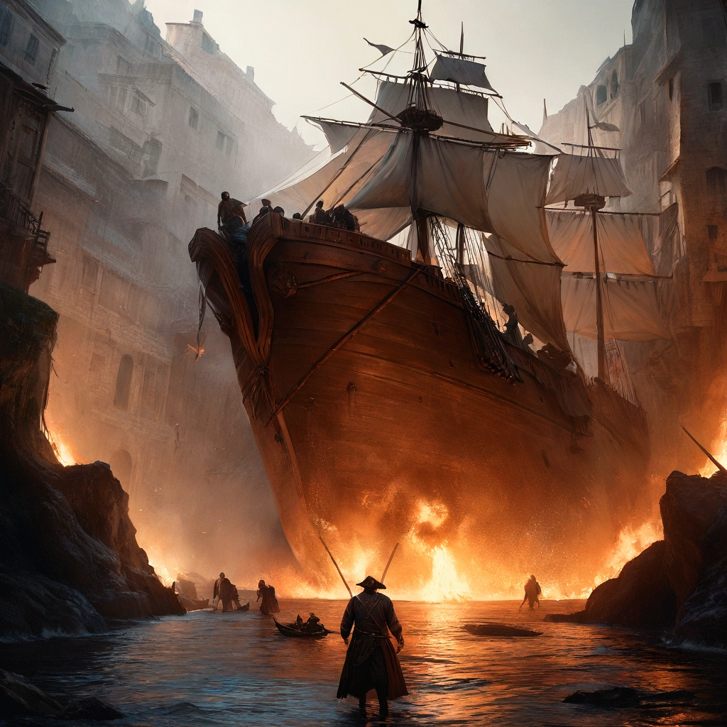 (best quality,4k,8k,highres,masterpiece:1.2), Pirates ship, wide shot, 1boy, Francis Drake ordered the assault, fire, ultra-detailed,vivid colors,(realistic,hyper realistic,best quality,8k,highres,masterpiece:1.2), hands, cinematic lighting, 