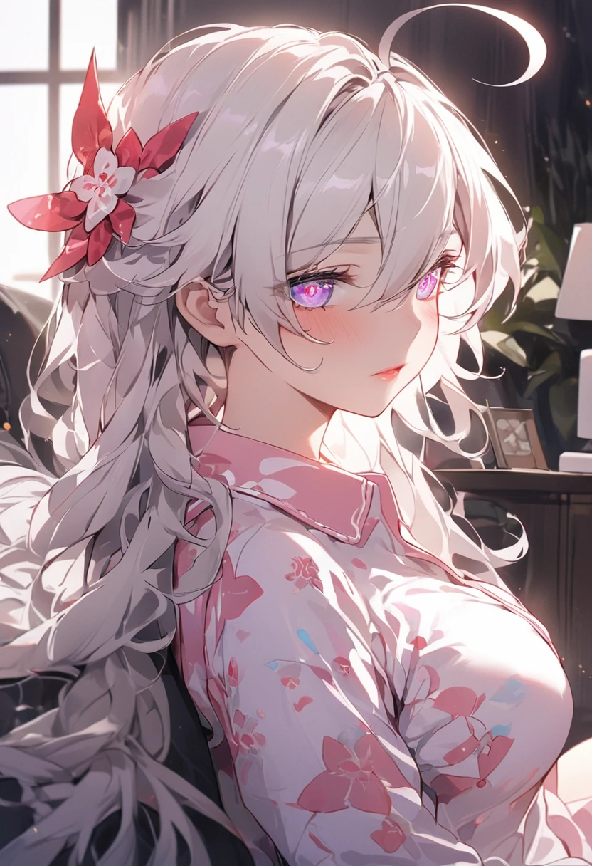 masterpiece), best quality, expressive eyes, perfect face,detail eyes,4k,'Score_9, score_8, score_7_up,1girl, good hand,solo,
Kiana Kaslana ,(Honkai Impact 3rd), Messy hair,symbol-shaped pupils, hair ornament, ahoge, very long hair, purple eyes,White hair , large breast,athletic body,pink lips,pajamas,
Living room scenery, sitting,low light , from the side, looking away , close up, upper body, head Tilt , Fixing hair pose