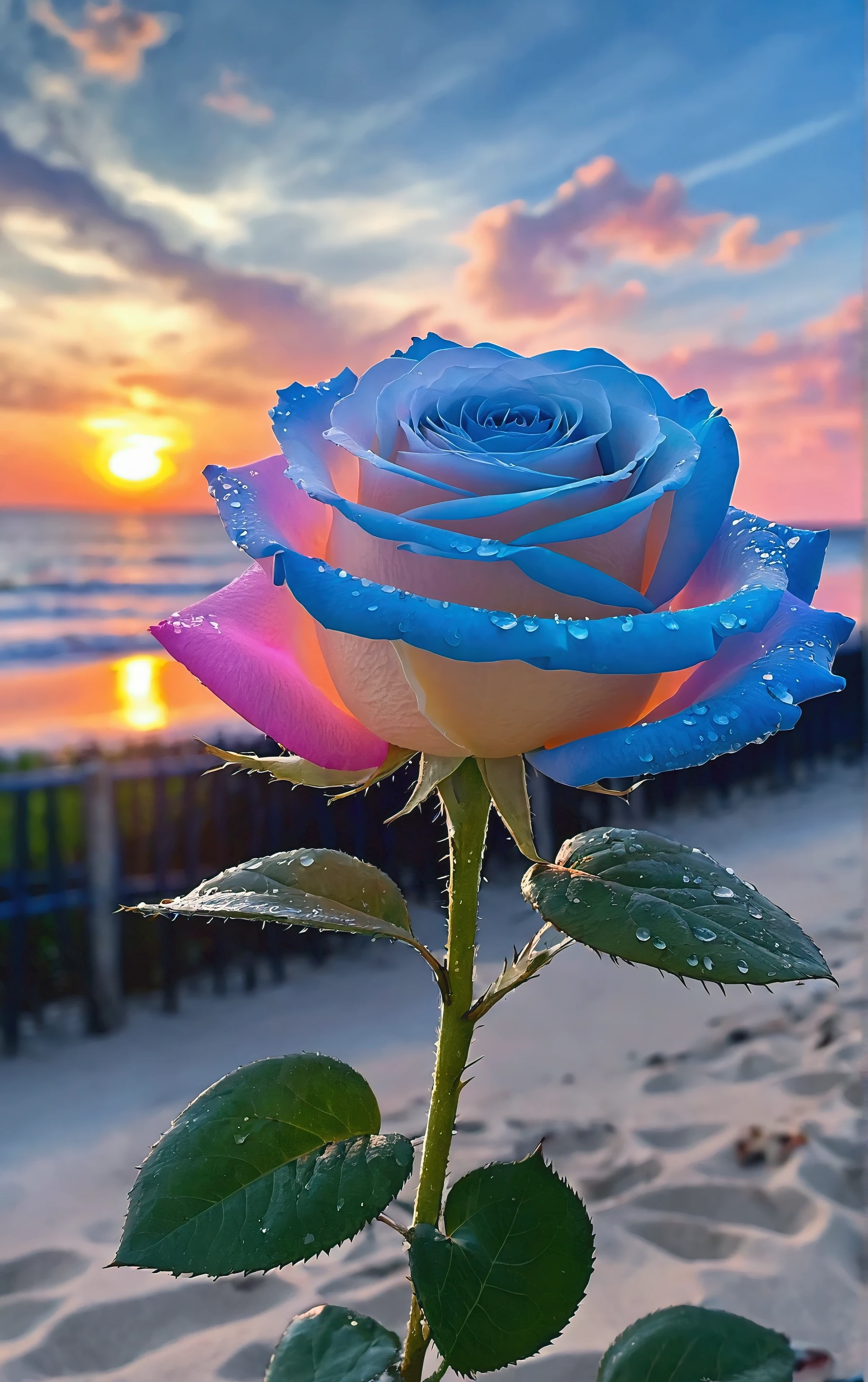 There are a few pink roses on the beach.,The outermost petals are pink,Background is sunset,The sky is red with sunset clouds,best quality, high resolution,masterpiece,High Detail,16K
