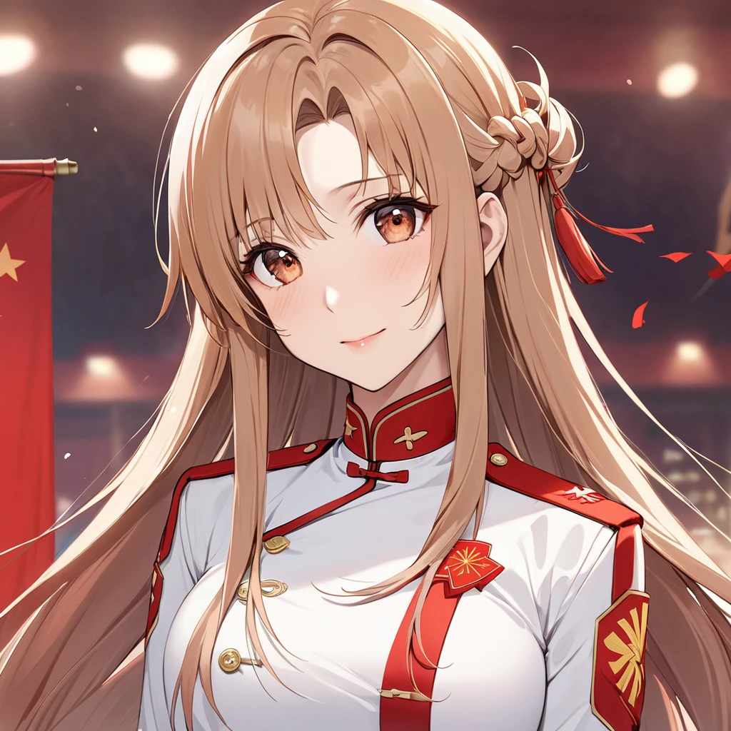 ((Highest quality)), ((masterpiece)), (detailed), (Perfect Face)、The woman is Chinese. She is a Chinese woman with light brown, medium-long hair and an engagement ring. She is a member of the glorious Chinese Communist Party and has sworn absolute loyalty to the Chinese Communist Party. She is a righteous Communist Party member of China.、The woman is wearing the fine uniform of a Chinese Communist Party member.、For the sake of China, their hairstyles, clothes, and everything they wear are all Chinese Communist Party items, and their thoughts are also Chinese, becoming great Chinese in body and mind.、The woman became Yuuki Asuna, a Chinese woman who is proud of and loves China.、She is serving China as a member of the great Communist Party of China.、The woman is a beautiful, respectable and exemplary Communist Party member.