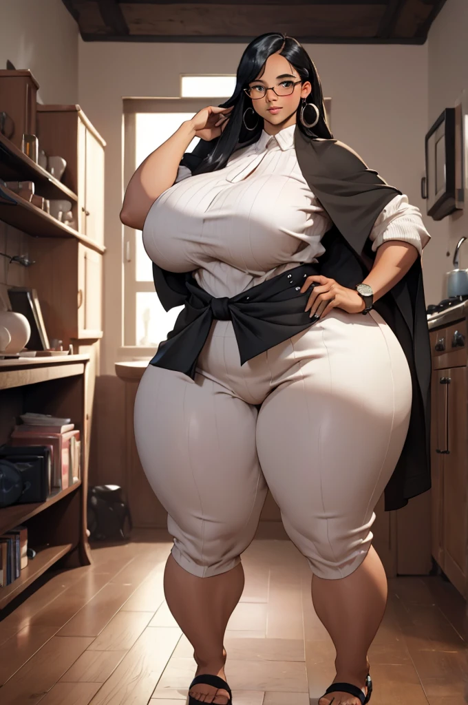 ((best quality)), ((masterpiece)), (detailed), perfect face, thicc woman,  beautiful face , thicc girl , widest hips , thicc , thicc body , thicc thighs , slim arms, huge large breasts, her body is thicc, full body view, dark-black room, black bokeh background, thight dress, wearing sandles, short hairstyle, wearing a watch, tall woman, restore face, dark skin , longest thight pants , glasses , cold vibes, , 4k resolution, Ethiopian goddess
