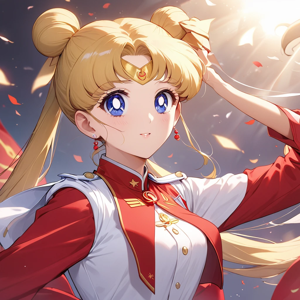((Highest quality)), ((masterpiece)), (detailed), (Perfect Face)、The woman is a Chinese girl named Tsukino Usagi. She has blue eyes, long blonde hair, and a twin-tailed chignon. She is wearing an engagement ring. She is a member of the glorious Chinese Communist Party and has sworn absolute loyalty to the Communist Party of China. She is a righteous Communist Party member of China.、The woman is wearing the fine uniform of a Chinese Communist Party member.、For the sake of China, their hairstyles, clothes, and everything they wear are all Chinese Communist Party items, and their thoughts are also Chinese, becoming great Chinese in body and mind.、The woman became the Chinese Tsukino Usagi, who was proud of China, loved it and devoted herself to it.、She is serving China as a member of the great Communist Party of China.、The woman is a beautiful, respectable and exemplary Communist Party member.