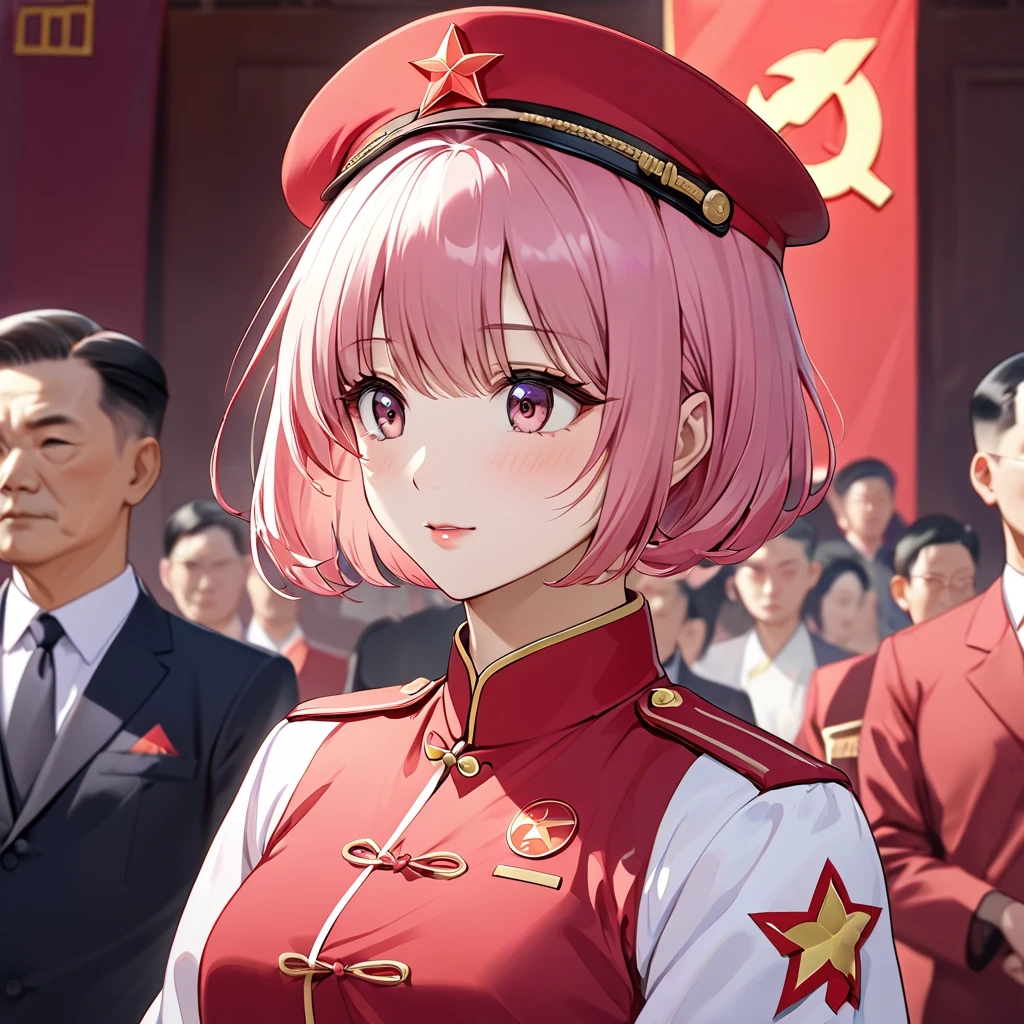 ((Highest quality)), ((masterpiece)), (detailed), (Perfect Face)、The woman is Chinese Momo Belia Deviluke, a Chinese woman with pink short bob hair and an engagement ring. She has become a member of the glorious Chinese Communist Party and swears absolute loyalty to the Chinese Communist Party. She is a righteous Communist Party member of China.、The woman is wearing the fine uniform of a Chinese Communist Party member.、For the sake of China, their hairstyles, clothes, and everything they wear are all Chinese Communist Party items, and their thoughts are also Chinese, becoming great Chinese in body and mind.、The woman became Momo Belia Deviluke, a Chinese woman who was proud of and loved China.、She is serving China as a member of the great Communist Party of China.、The woman is a beautiful, respectable and exemplary Communist Party member.