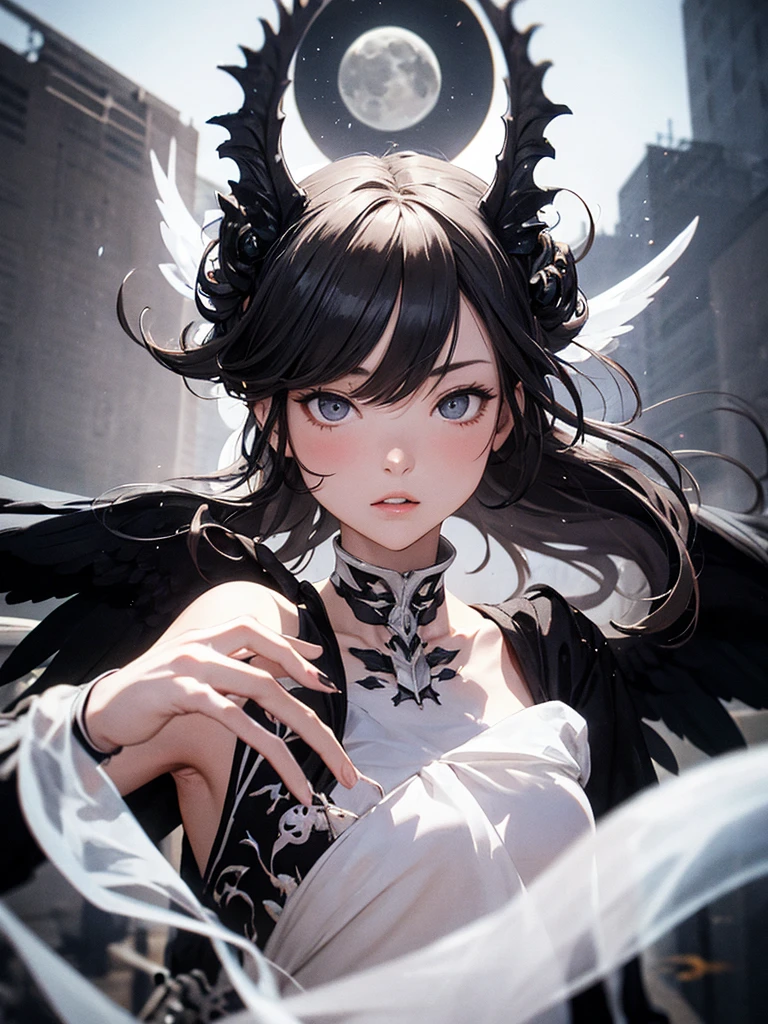 wabstyle, glowing, two-tone hair, (1girl:1.2), fog, mist, white, black, split theme, two-tone, sun, moon, white-black wings, angel, nephilim, heaven, halo, skeleton, moster, ghost, horn, hell, fighting stance, dual wielding, long hair, cowboy shot, cinematic angle, fisheye, motion blur,