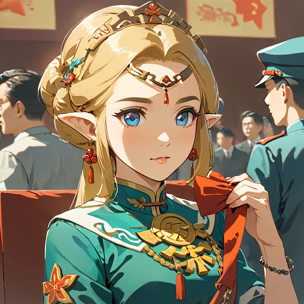 ((Highest quality)), ((masterpiece)), (detailed), （Perfect Face）、The woman is a Chinese Princess Zelda, a blonde Chinese woman with blue eyes who is wearing an engagement ring. She has become a member of the glorious Chinese Communist Party and has sworn absolute loyalty to the Chinese Communist Party. She is a righteous Communist Party member of China.、The woman is wearing the fine uniform of a Chinese Communist Party member.、For the sake of China, their hairstyles, clothes, and everything they wear are all Chinese Communist Party items, and their thoughts are also Chinese, becoming great Chinese in body and mind.、The woman became a Chinese Princess Zelda who was proud of and loved China.、She is serving China as a member of the great Communist Party of China.、The woman is a beautiful, respectable and exemplary Communist Party member.