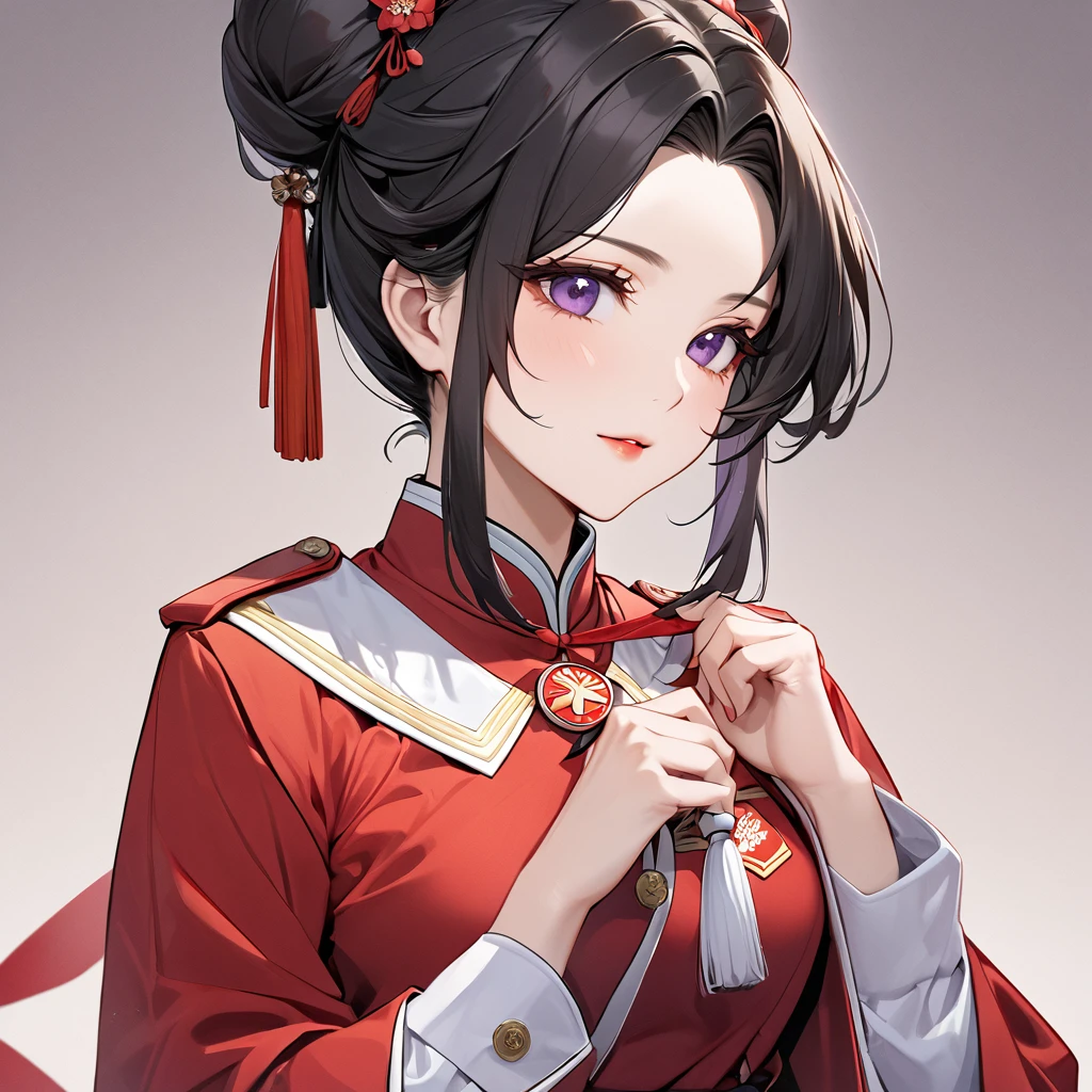 ((Highest quality)), ((masterpiece)), (detailed), （Perfect Face）、The woman is a Chinese woman named Kocho Shinobu, with medium-long black hair with purple ends, tied up in a bun, and wearing an engagement ring. She is a member of the glorious Chinese Communist Party and has sworn absolute loyalty to the Communist Party of China. She is a righteous Communist Party member of China.、The woman is wearing the fine uniform of a Chinese Communist Party member.、For the sake of China, their hairstyles, clothes, and everything they wear are all Chinese Communist Party items, and their thoughts are also Chinese, becoming great Chinese in body and mind.、The woman became Shinobu Kocho, a Chinese woman who was proud of China, loved it and devoted herself to it.、She is serving China as a member of the great Communist Party of China.、The woman is a beautiful, respectable and exemplary Communist Party member.