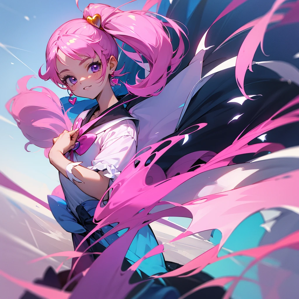 magic girl, precure style, 12 years, adorable look with pink and video game themed clothes, stop greeting the spectator