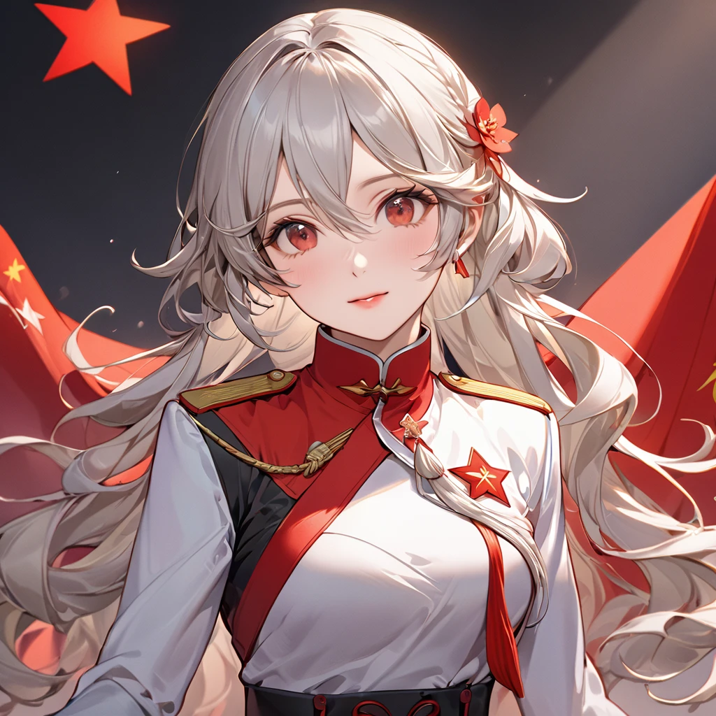 ((Highest quality)), ((masterpiece)), (detailed), （Perfect Face）、The woman is a Chinese Kaim with medium-long silver hair and an engagement ring. She is a member of the glorious Chinese Communist Party and has sworn absolute loyalty to the Communist Party of China. She is a righteous Communist Party member of China.、The woman is wearing the fine uniform of a Chinese Communist Party member.、For the sake of China, their hairstyles, clothes, and everything they wear are all Chinese Communist Party items, and their thoughts are also Chinese, becoming great Chinese in body and mind.、The woman became a Chinese Kaim who was proud of China and loved it devotedly.、She is serving China as a member of the great Communist Party of China.、The woman is a beautiful, respectable and exemplary Communist Party member.