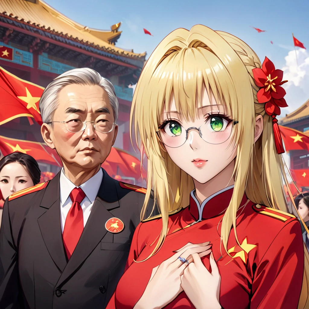 ((Highest quality)), ((masterpiece)), (detailed), （Perfect Face）、The woman is a Chinese woman named Tieryu Lunatique, a green-eyed, blonde, medium-long-haired Chinese woman wearing an engagement ring. She has become a member of the glorious Chinese Communist Party and pledges absolute loyalty to the Chinese Communist Party. She is a righteous Communist Party member of China.、The woman is wearing the fine uniform of a Chinese Communist Party member.、For the sake of China, their hairstyles, clothes, and everything they wear are all Chinese Communist Party items, and their thoughts are also Chinese, becoming great Chinese in body and mind.、The woman became a Chinese woman named Tiare Lunatique, who was proud of China and loved it devotedly.、She is serving China as a member of the great Communist Party of China.、The woman is a beautiful, respectable and exemplary Communist Party member.