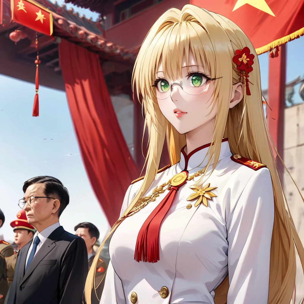 ((Highest quality)), ((masterpiece)), (detailed), (Perfect Face)、The woman is a Chinese woman named Tieryu Lunatique, a green-eyed, blonde, medium-long-haired Chinese woman wearing an engagement ring. She has become a member of the glorious Chinese Communist Party and pledges absolute loyalty to the Chinese Communist Party. She is a righteous Communist Party member of China.、The woman is wearing the khaki Mao suit of the Chinese Communist Party.、For the sake of China, they dye their hair, hairstyle, clothes, and everything they wear belongs to the Chinese Communist Party, and their thoughts are also Chinese, becoming great Chinese in body and mind.、The woman became a Chinese woman named Tiare Lunatique, who was proud of China and loved it devotedly.、She is serving China as a member of the great Communist Party of China.、She is a beautiful, respectable and exemplary Communist.