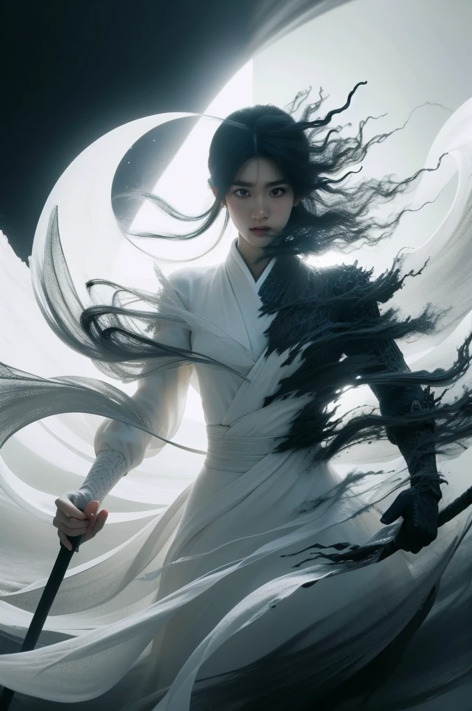 wab style, glowing, two tone hair, (1 woman:1.2), dragon, Fog, Fog, White, Black color, Split Theme, two tone, sun, moon,
wing, heaven, halo,
sun골, aunt, ghost, horn, hell, fighting stance, dual wield,
long hair, cowboy shot,
cinematic angle, fisheye, motion blur,