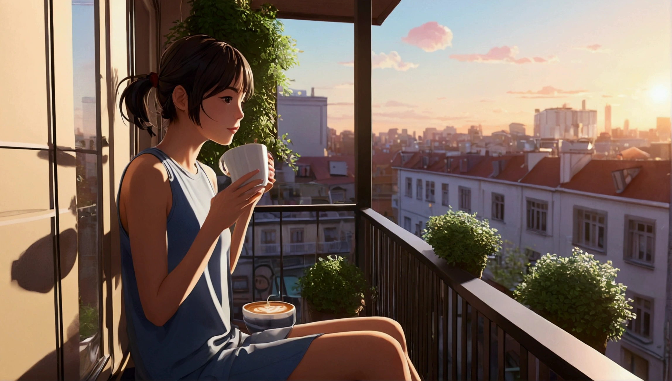 Girl drinking coffee on a cozy balcony in the morning、Usand von de Uvid、Anime Estilo 2D、Lo-Fi、Disco Rigid、Ambiente Escrow