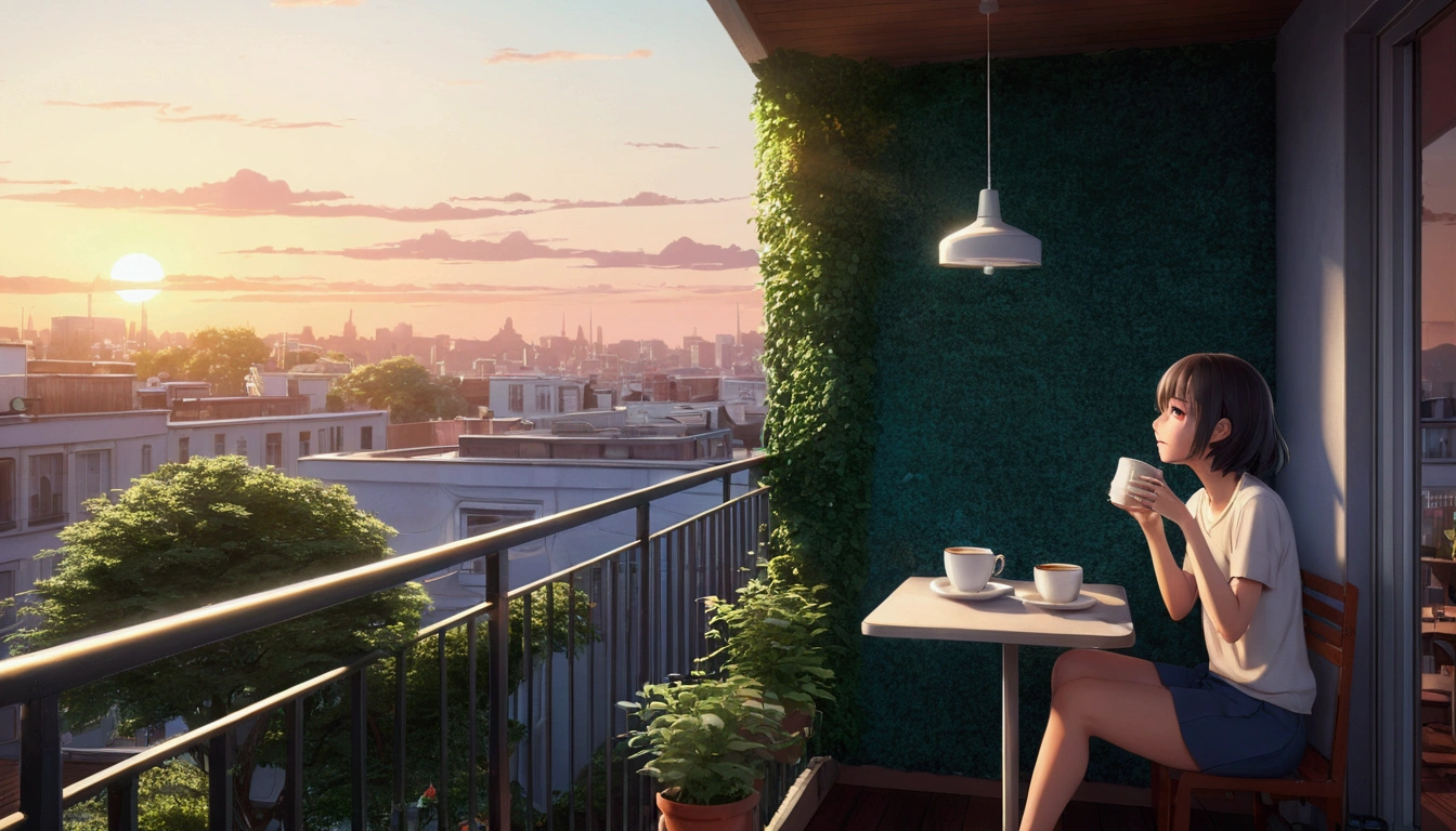 Girl drinking coffee on a cozy balcony in the morning、Usand von de Uvid、Anime Estilo 2D、Lo-Fi、Disco Rigid、Ambiente Escrow