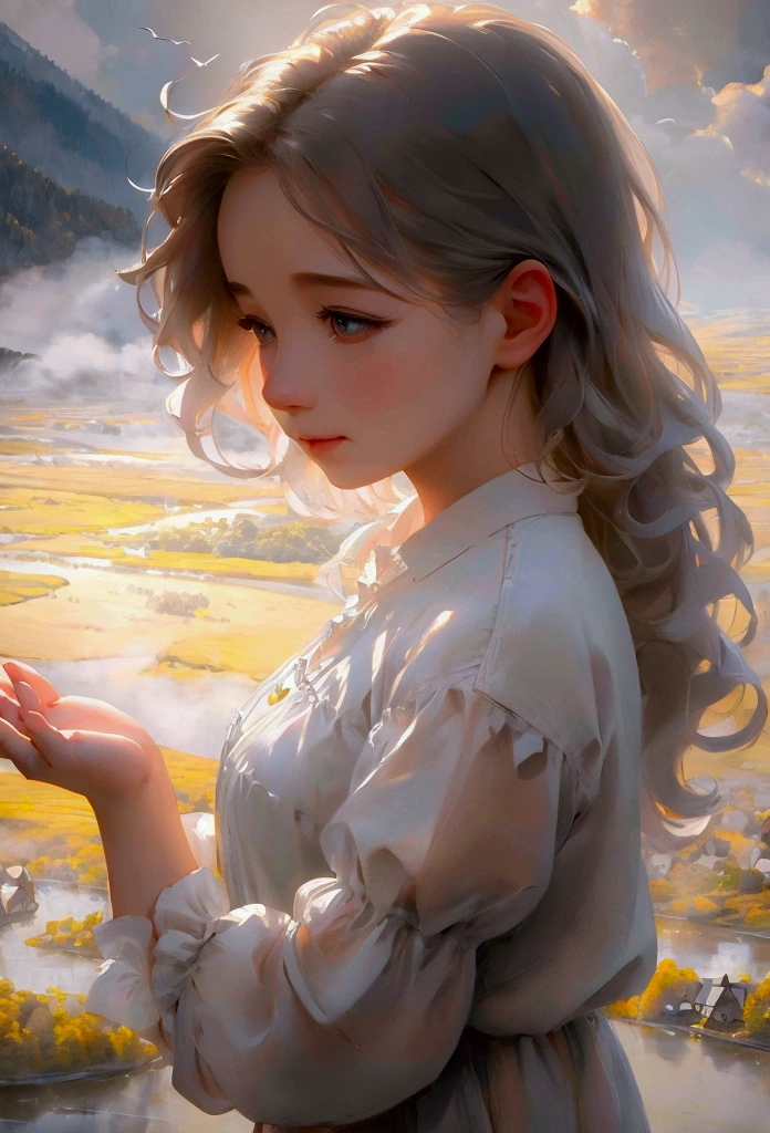 Girl 1_Upper body close up angle, mystical meadow with several houses, endless paved road, cranes flying between misty mountains, oil painting style (best quality, 4k, 8k, high resolution, masterpiece: 1.2), highly detailed (realistic, realistic, realistic: 1.4), dramatic lighting, dramatic contrast, vivid colors, cinematic composition, intricate details, serene atmosphere