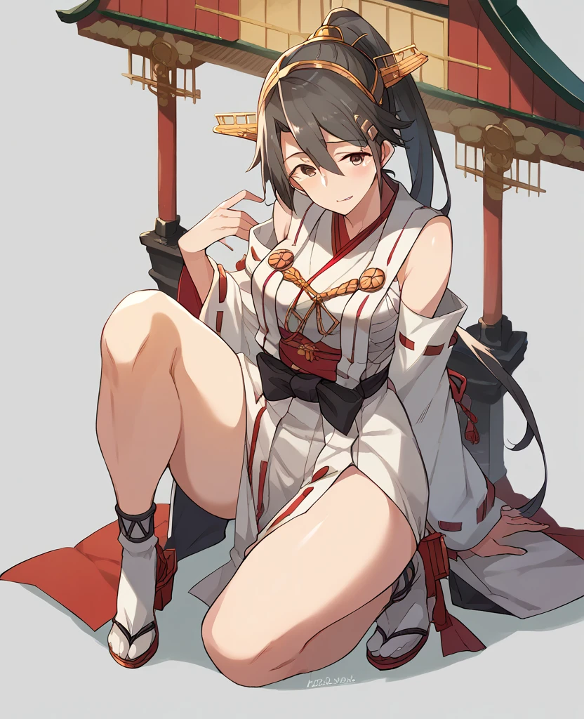 masterpiece, Highest quality, Highest quality, Official Art,full body,ponytail,Shrine maiden,20-year-old,Attractive woman,Kantai Collection,Haruna,standing,