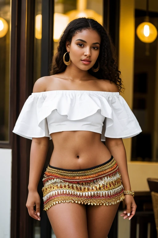 ((Best Quality)), ((masterpiece)), (detailed), 1 girl, off shoulder top and mini skirt, morena africana, showing hips ((evening))