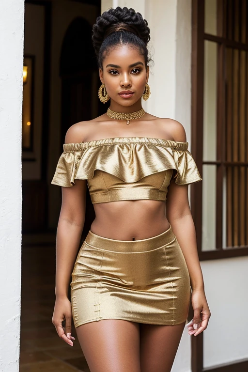 ((Best Quality)), ((masterpiece)), (detailed), 1 girl, off shoulder top and mini skirt, morena africana, showing hips ((evening))
