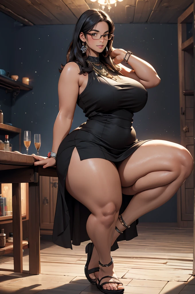 ((best quality)), ((masterpiece)), (detailed), perfect face, thicc woman,  beautiful face , thicc girl , widest hips , thicc , thicc body , thicc thighs , slim arms, huge large breasts, her body is thicc, full body view, dark-black room, black bokeh background, thight dress, wearing sandles, short hairstyle, wearing a watch, tall woman, restore face, dark skin , longest thight pants , glasses , cold vibes, , 4k resolution, Ethiopian goddess
