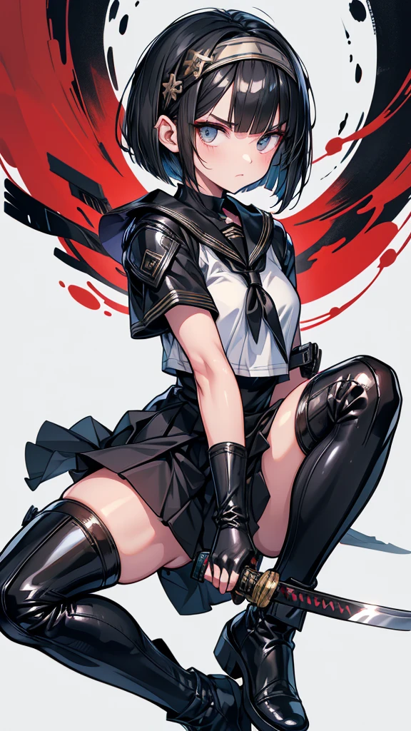 mature　Bobcut　Black Hair　expensive　Narrow eyes　Glaring at me　Glare　frivolous attitude　Black Sailor Suit　Armor　Wear a headband around your forehead　tiny hand　Hand guard　gloves　Black boots　Holding a Japanese sword　battlefield