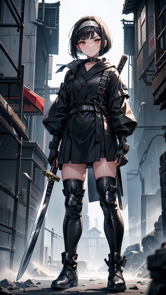 mature　Bobcut　Black Hair　expensive　Narrow eyes　Glaring at me　Glare　frivolous attitude　Black Sailor Suit　Armor　Wear a headband around your forehead　tiny hand　Hand guard　gloves　Black boots　Holding a Japanese sword　battlefield