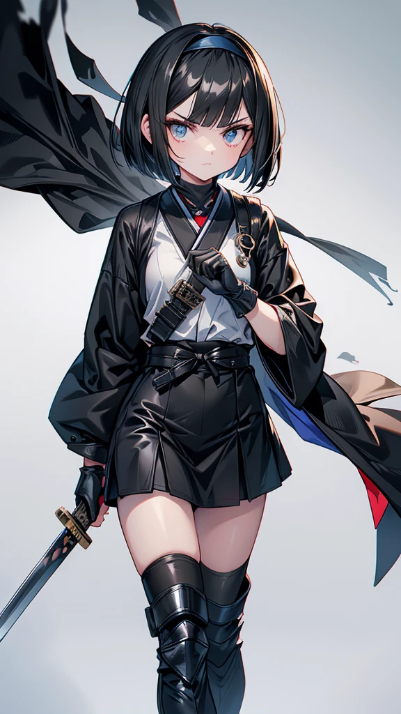 mature　Bobcut　Black Hair　expensive　Narrow eyes　Glaring at me　Glare　frivolous attitude　Black Sailor Suit　Armor　Wear a headband around your forehead　tiny hand　Hand guard　gloves　Black boots　Holding a Japanese sword　battlefield