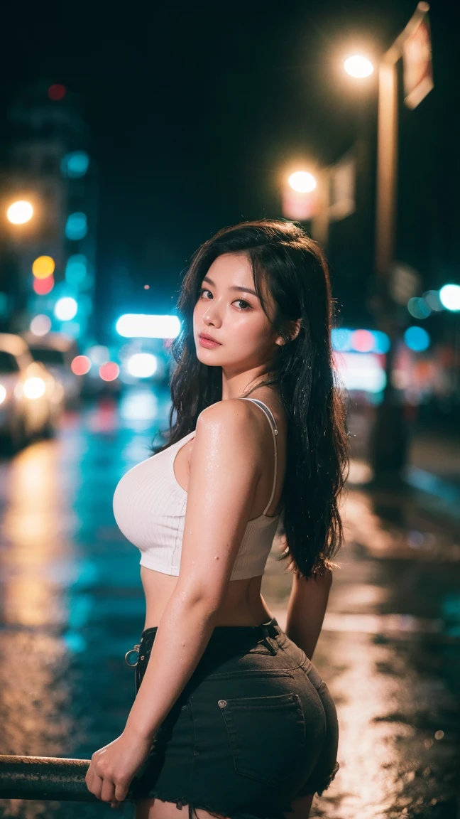 1girl,solo,long hair,Rough skin,(looking at viewer:1.2),wet hair,micro_shorts,dark,polaroid,(depth_of_field:1.5),rainy days,outdoors,street,hair between eyes,moody lighting,Tyndall effect,Cinematic Lighting,night,lamppost,lens flare,available light,rim light,glowing neon lights,curvy,chinese_style,