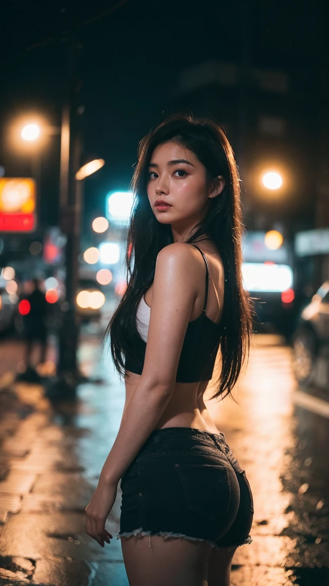 1girl,solo,long hair,Rough skin,(looking at viewer:1.2),wet hair,micro_shorts,dark,polaroid,(depth_of_field:1.5),rainy days,outdoors,street,hair between eyes,moody lighting,Tyndall effect,Cinematic Lighting,night,lamppost,lens flare,available light,rim light,glowing neon lights,curvy,chinese_style,