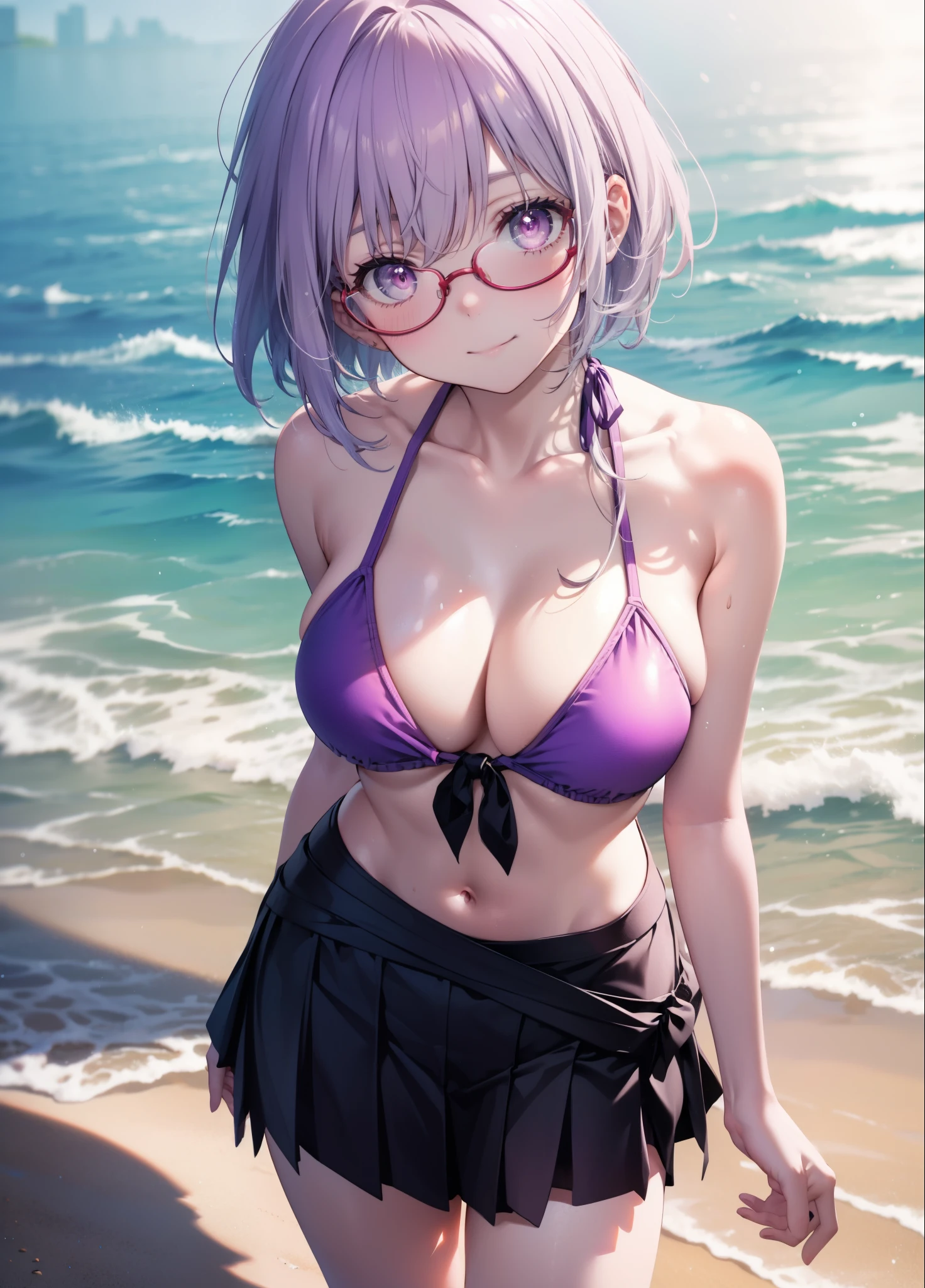 akaneshinjou, shinjou akane, Light purple hair, (Pink Eyes:1.2), smile,Red-rimmed glasses,Big Breasts, Purple string bikini swimsuit,Pareo Swimsuit,A thin long skirt is tied around the waist,へそ出し whole bodyがイラストに入るように,Strolling on the sandy beach,
break outdoors, Beach,
break looking at viewer, whole body, 
break (masterpiece:1.2), Highest quality, High resolution, unity 8k wallpaper,, (shape:0.8), (Beautiful attention to detail:1.6), Highly detailed face, Perfect lighting, Highly detailed CG, (Perfect hands, Perfect Anatomy),