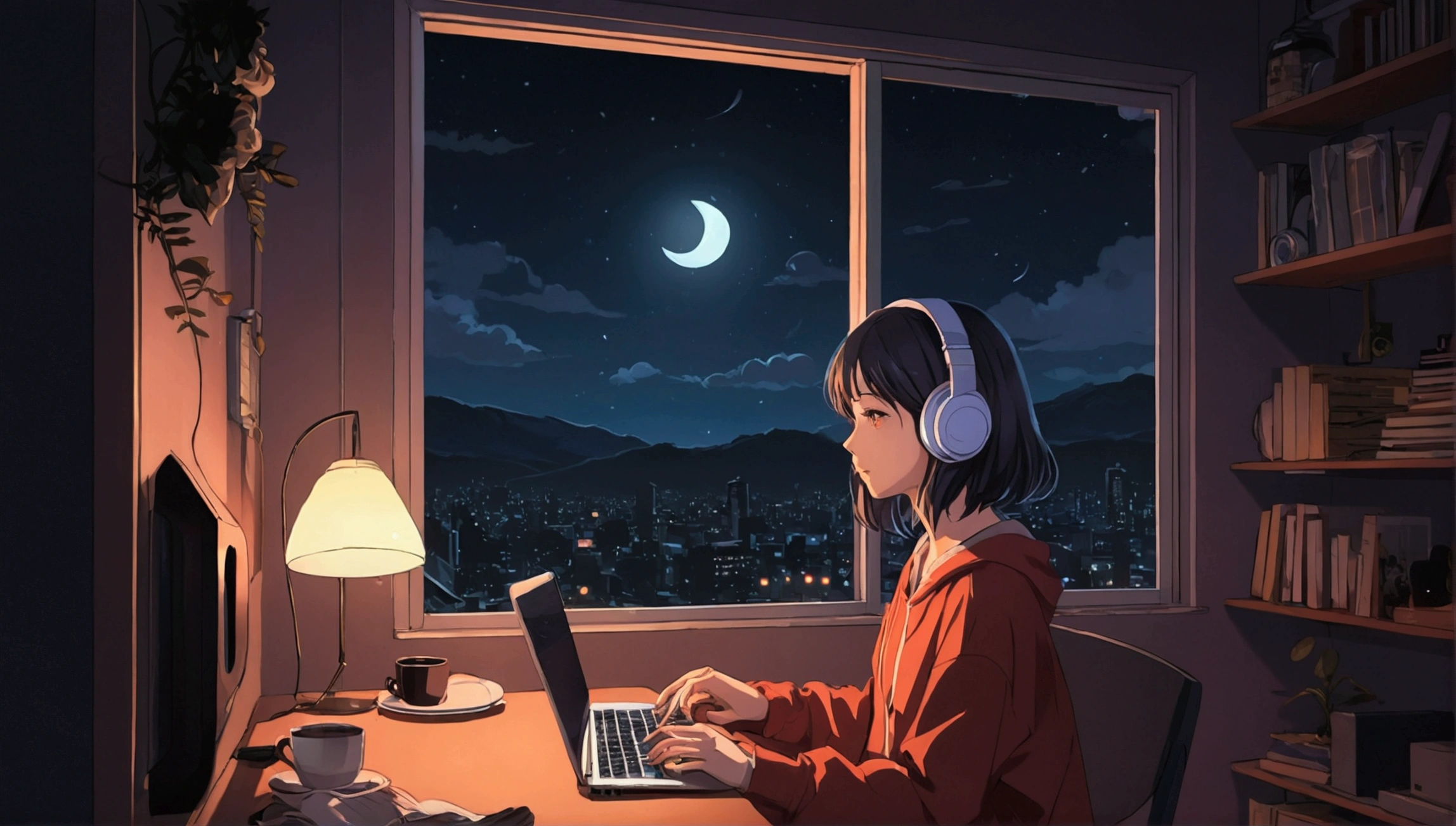 Girl listening to music in a cozy room at night, Using headphones, 2D style anime, Lo-fi, hard disk, Dark environment、Drinking coffee