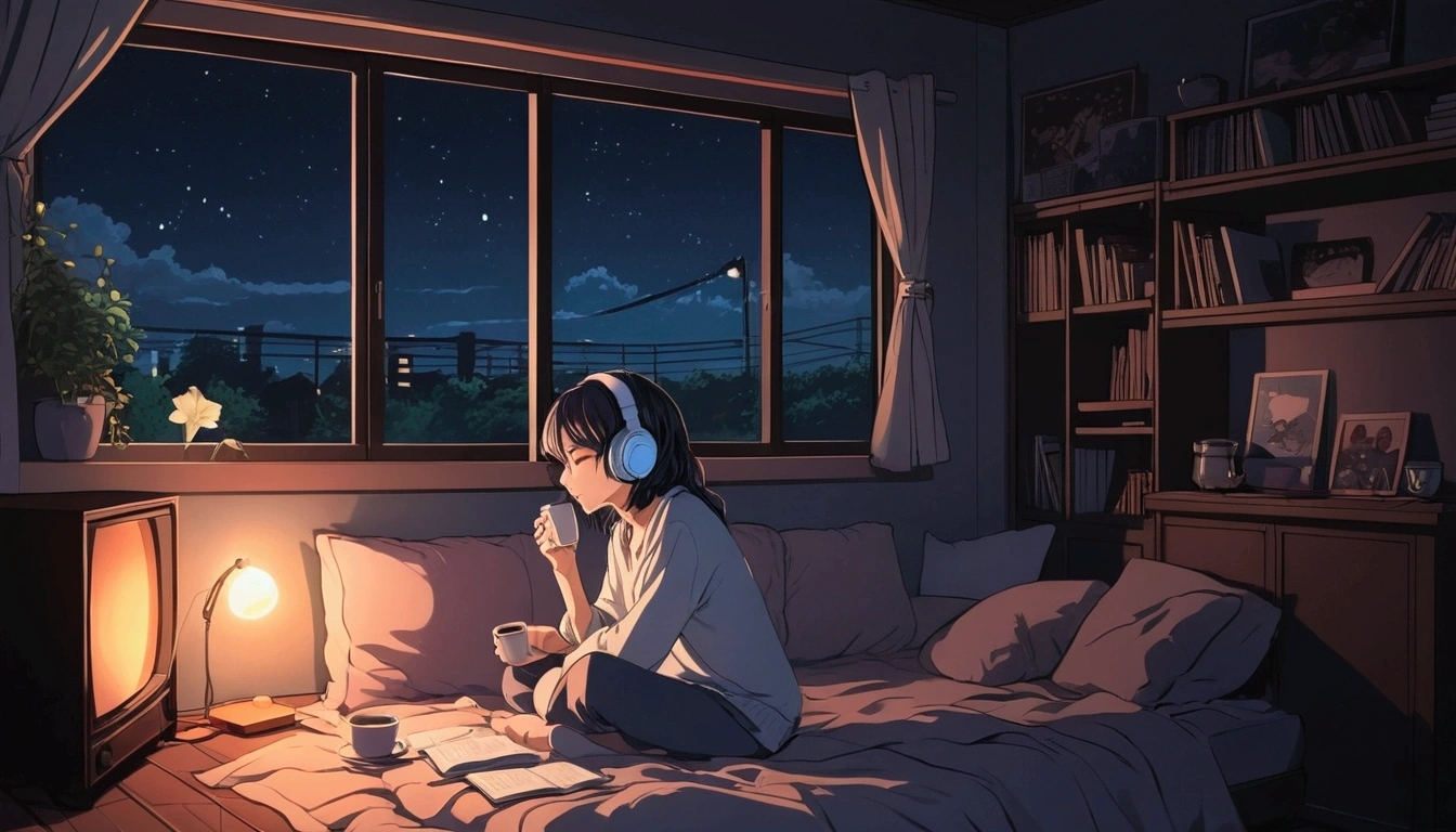 Girl listening to music in a cozy room at night, Using headphones, 2D style anime, Lo-fi, hard disk, Dark environment、Drinking coffee
