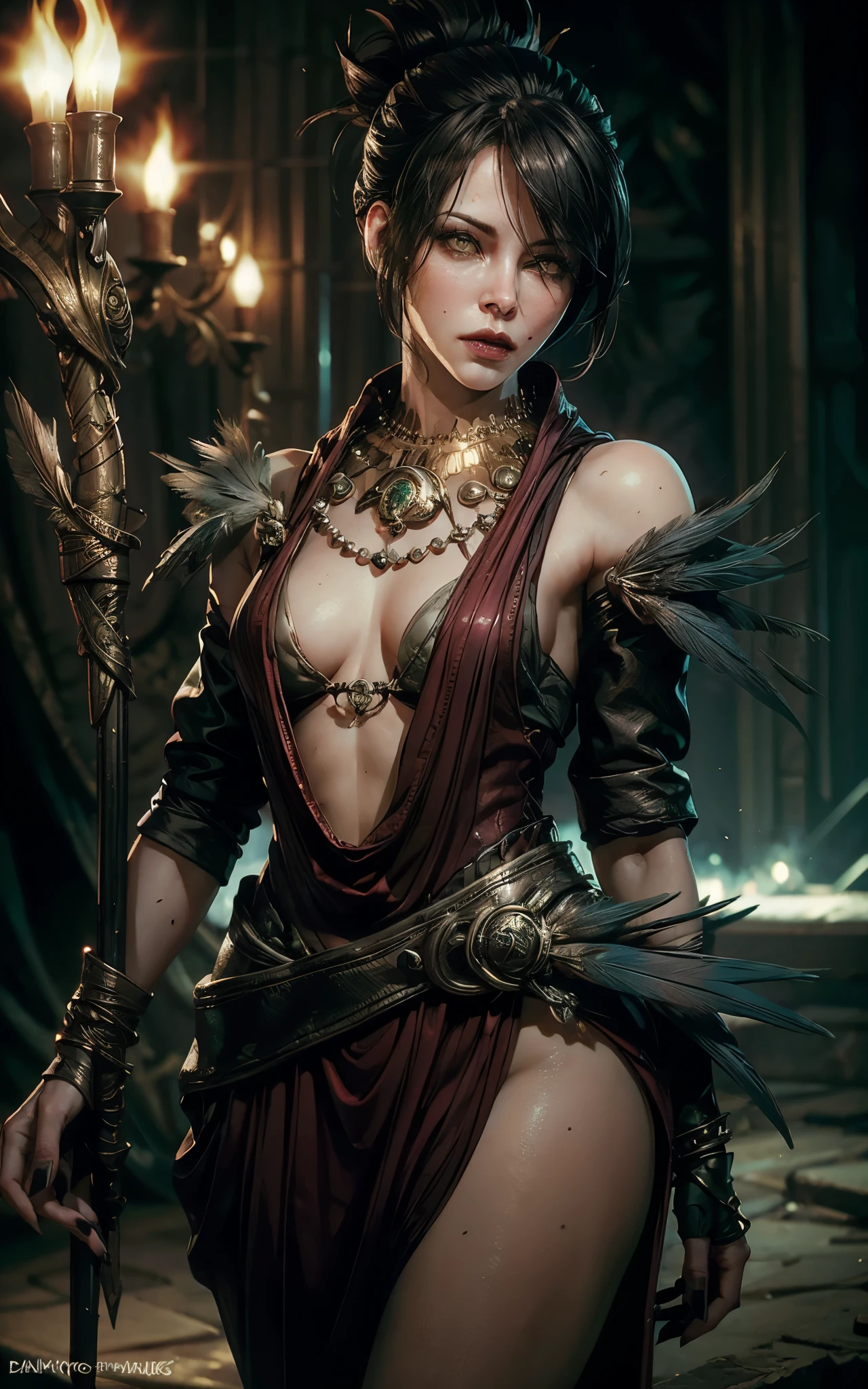 (masterpiece, best quality) realistic version of
MorriganDA, face of (Kate Beckinsale:Evangeline Lilly) 1girl, solo,, looking at viewer, short hair, black hair, gloves, jewelry, yellow eyes, small , fingerless gloves, necklace, hair bun, nail polish, bracelet, lips, fingernails, makeup, glowing, single hair bun, feathers, lipstick, staff, pale skin, black nails, armlet, long fingernails, realistic, nose, magic
