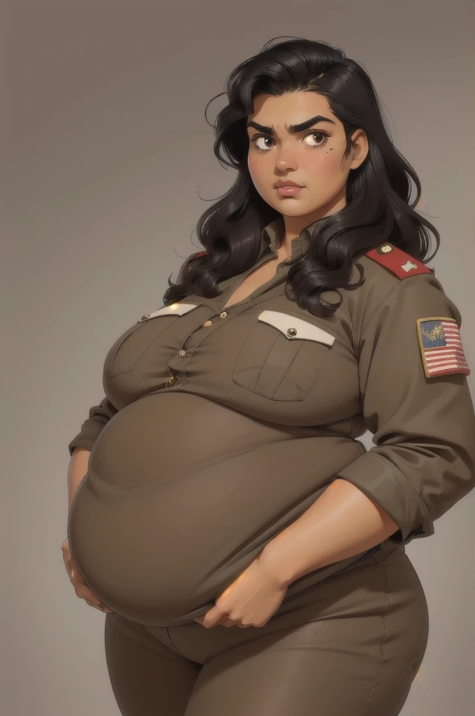 Brown skinned girl, coffee brown eyes, long, subtly wavy black hair, eyebrow scar, Retro, wear a well-equipped military uniform, He has a serious expression. Fat body, SSBBW 