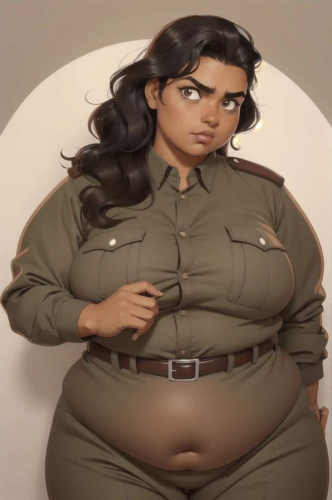 Brown skinned girl, coffee brown eyes, long, subtly wavy black hair, eyebrow scar, Retro, wear a well-equipped military uniform, He has a serious expression. Fat body, SSBBW