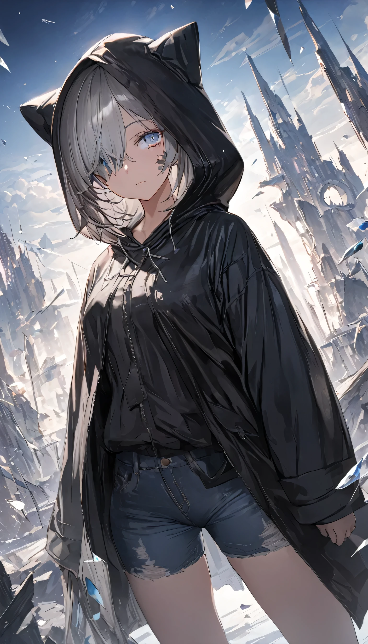Top-quality,Masterpiece,Best quality,Ultra detailed,High resolution,8k,Super fine illustration,Detailed lighting,Detile background,Cowboy shot,Dutch angle,Denoise,
Cinematic,Dynamic angle,Full body,
Impasto,Prism style,Broken world,Broken glass effect,Broken glass background,
1girl,Solo,(15 years old:1.3),
(Hood up:1.2),(Black raincoat:1.5),(Large hood:1.3),(Jeans:1.3),(Black sneakers:1.3),
(Blue eyes),(Glass eyes),(Gauze on face:1.3),
(Gray hair:1.3),(Medium hair),(Braided pigtail),(Sideburns),(Long sideburns:1.5),(Hair over one eye:1.3),
(Flat breasts),Beautiful ass,Thick thighs,Wide hips,Skinny waist,Curvy,
Half opened eyes,Expressionless,Looking at viewer,
(Glass),Light blue theme,Backlight,Warm tones,Tranquil