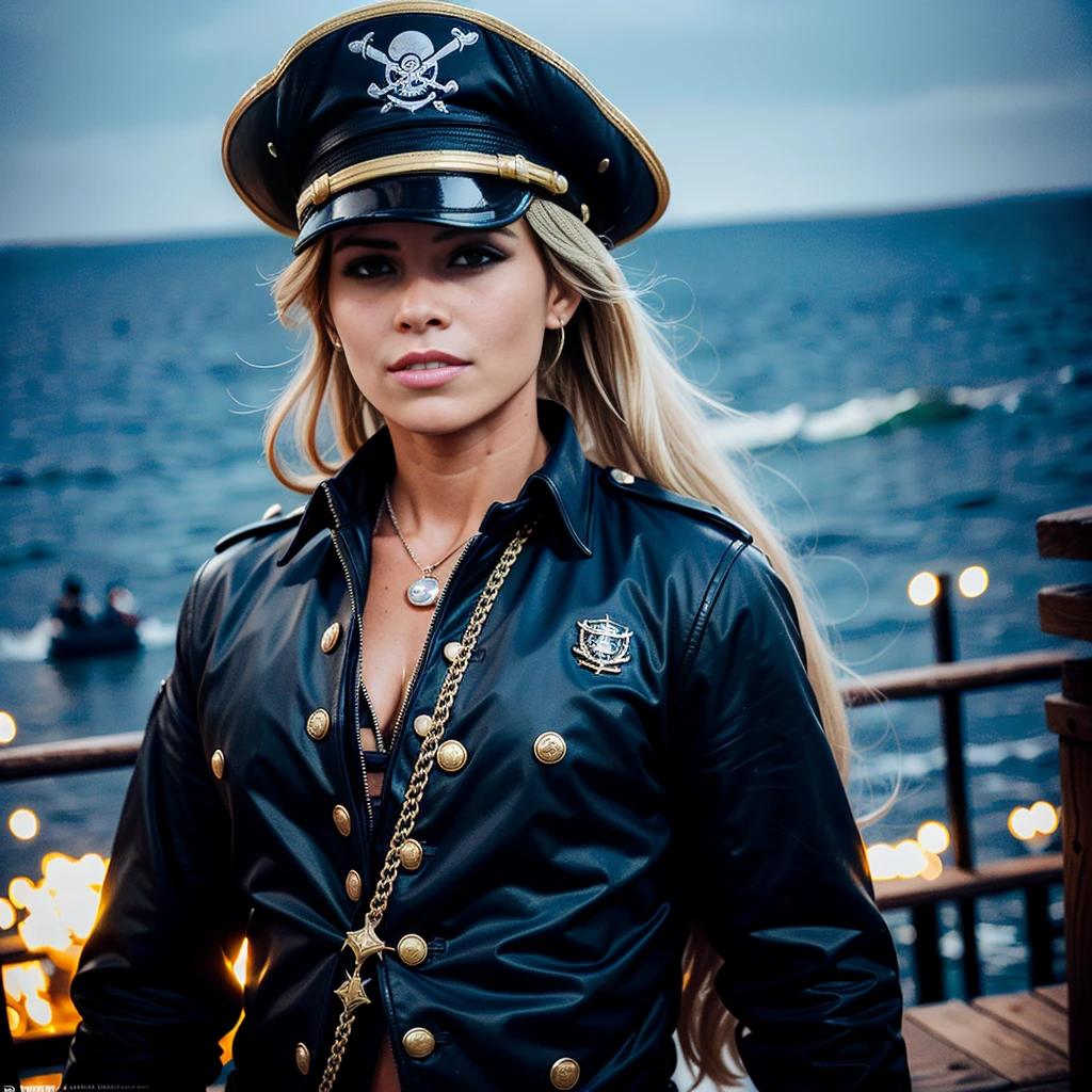 (best_quality:1.7), 35_year_old_argentinean_woman, (messy_short_blonde_haired), brown_eyed, toned_body, (tanned_fair_skin), dressed_in_an_all_black_pirate_captain_clothes, outside_ship, cannons_firing_in_the_middle_of_bloody_war_zone, hot_sunny_scenery, ultra-detailed, fine_detail, extremely_detailed_CG, wearing_pirate_captain_hat, savage, sweat, lipstick