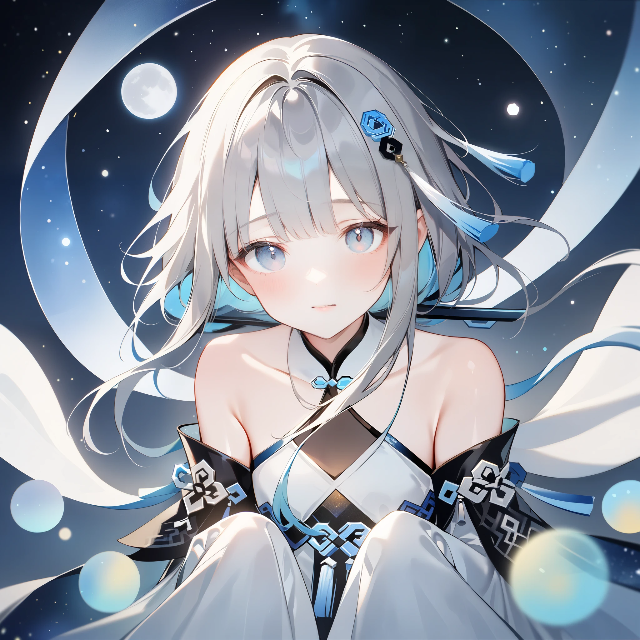 score_9, score_8_up, score_7_up, score_6_up,1girl, guizhong_\(genshin_impact\),(grey hair),short_hair_with_long_locks in front and low ponytail in back,gradient_hair,(pale grey eyes with seafoam gradient),starry_sky_print,detached_sleeves white outside blue starry inside, hands completely hidden by long sleeves,stunning field of softly glowing cerulean and white glaze lilies,night scene,gentle smile,face focus, eye focus,ladyshadow,moonlight,glossy lips,vivid anime coloring,cel shading,smooth, soft dreamy focus,anklet,halter_top,white clothes,highly detailed,digital painting,bare_shoulders,barefoot,cool night tones, magical night scene,bokeh, professional,anemo colored fireflies,nebula of stardust and silvery vapor,harmonious blend of nature and art,transcendent beauty,awe-inspiring artwork,(best quality,4k,8k,highres,masterpiece:1.2),yunamaro,carnelian,dsmile,cosmic stardust,guizhong, guizhong's def clothes, 1girl, long hair, blue eyes, barefoot, guizhong's dress, hair ornament, chinese clothes, sleeves past fingers,