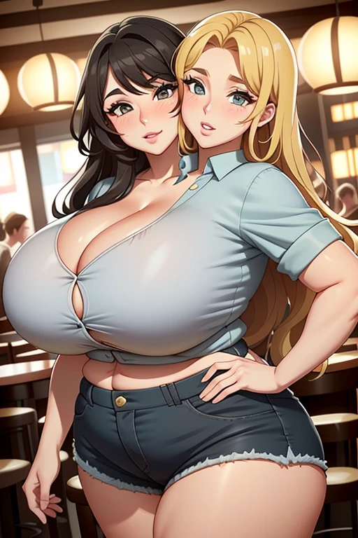 2heads, a fat woman with two heads. She has enormous breasts. She is dancing in a bar. She is sipping a drink. She is laughing. She looks drunk. She is flirty. She is wearing a button-up pink blouse and ripped jeans. She has enormous breasts. She is chubby. Massive breasts. She looks mature. She is extremely tall. She is extremely fat. She has massive fat breasts. She has long straight brown hair. Kissy face. Kissing, making out.