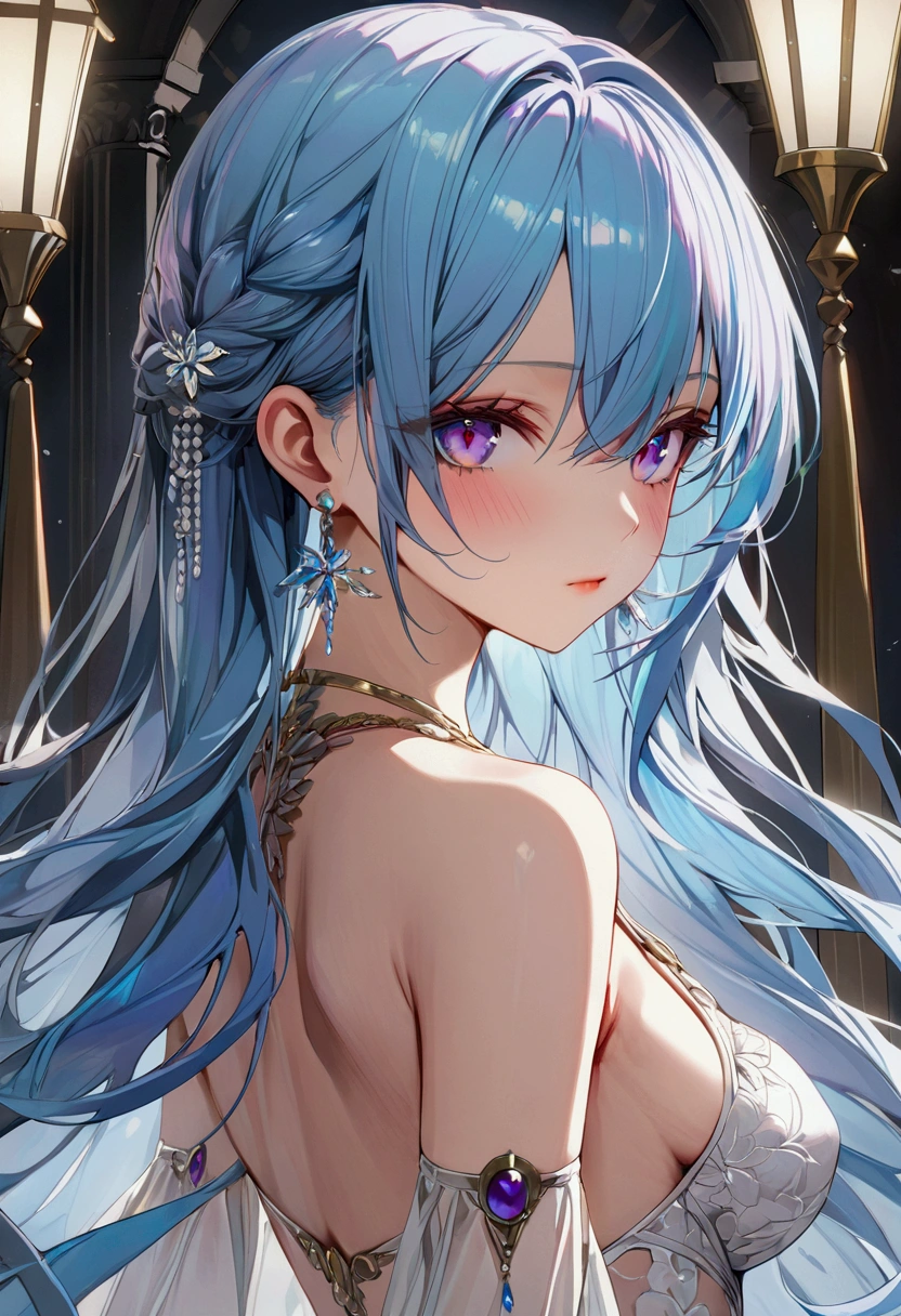 A young woman with long icyblue hair ,purple eyes ,perfect body, detailed body, detailed eyes, masterpiece, best quality,aesthetic, ultra-detailed, 8k
