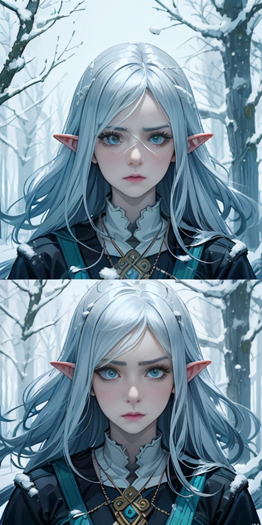 stylized female elve, dramatic, emotional, determined expression, white skin, pale skin, snow-white hair, blue eyes, forest scene, snow, dramatic angle, artistic composition, masterpiece