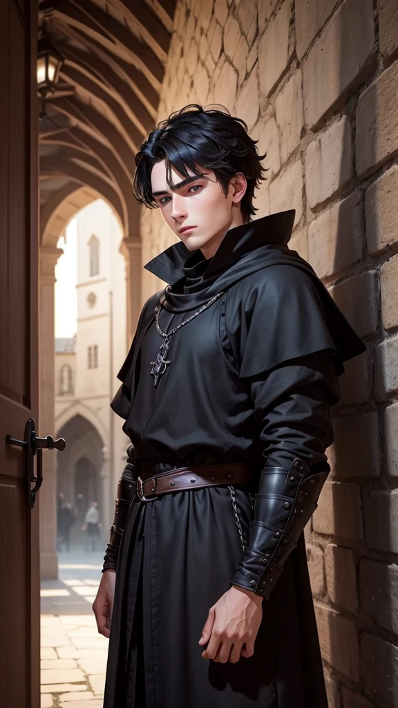 There is a 20 year old man, he has blue eyes and black hair, he wears black medieval clothes, he is looking at the 